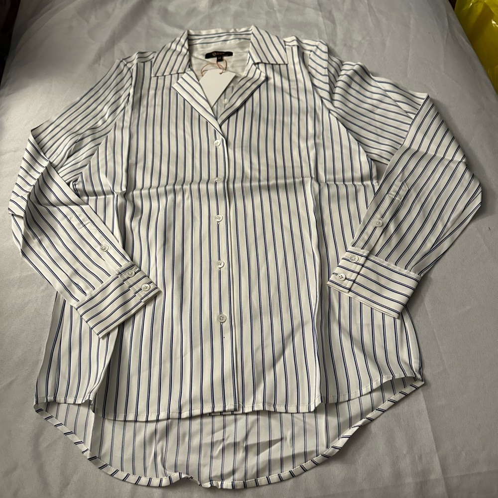 Quince washable stretch silk collar blouse color white dove/blue size XS NWT